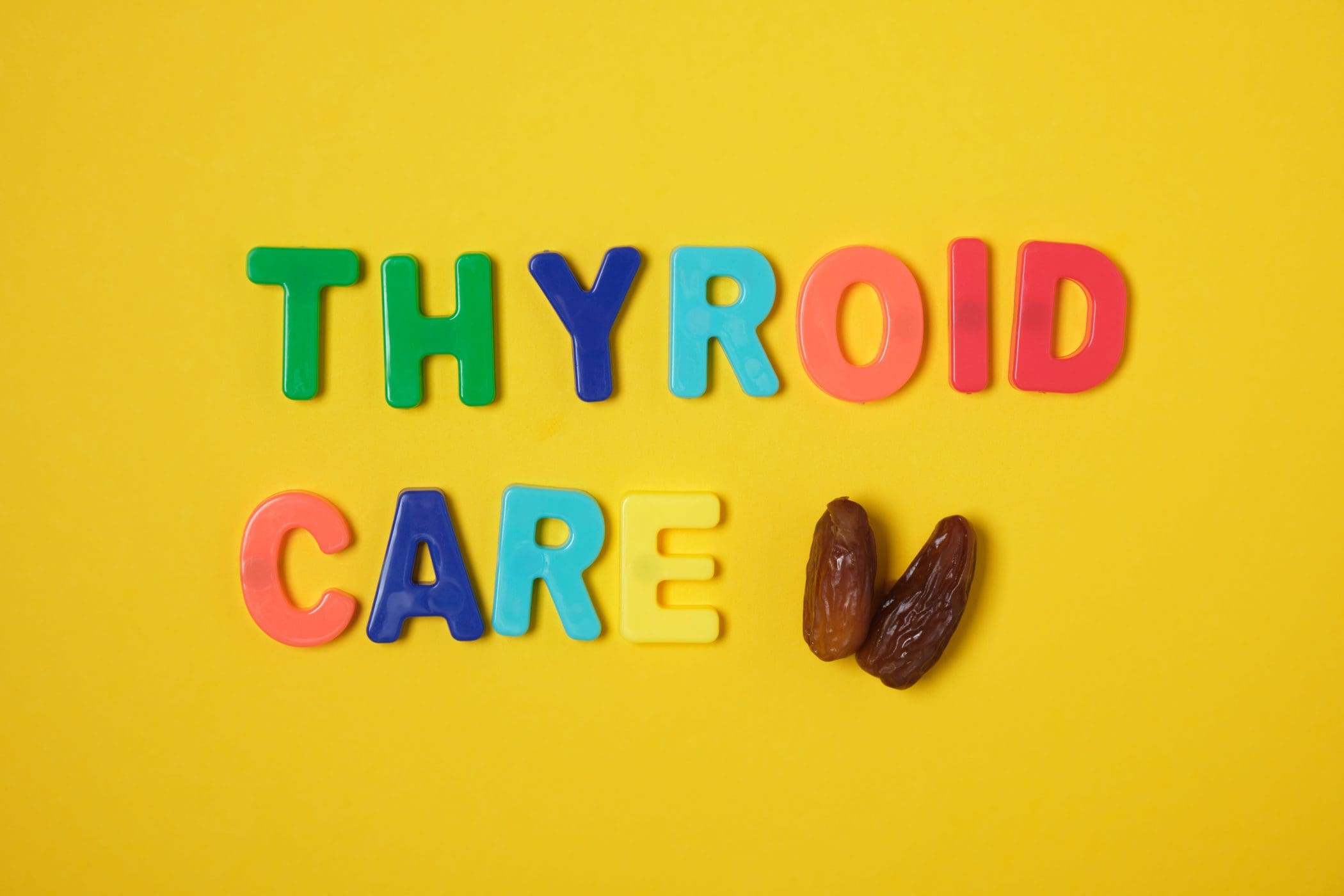 two dates in the form of a thyroid gland and the inscription thyroid care on a yellow background